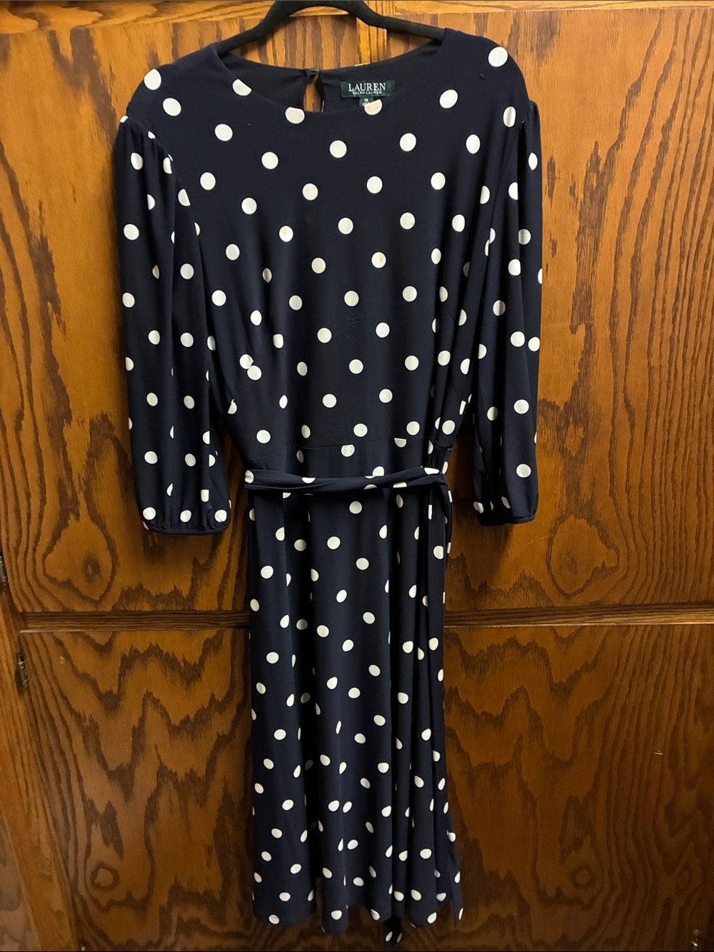 Ralph Lauren Navy and White Polka Dot Midi Dress with Tie Waist